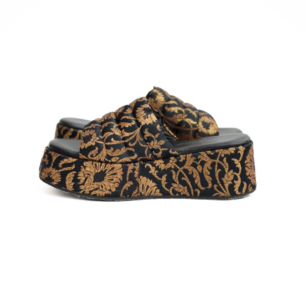 Free People Almost Paradise Brocade Platform Shoes‎ 39 Black Gold Boho Chunky - Picture 8 of 13